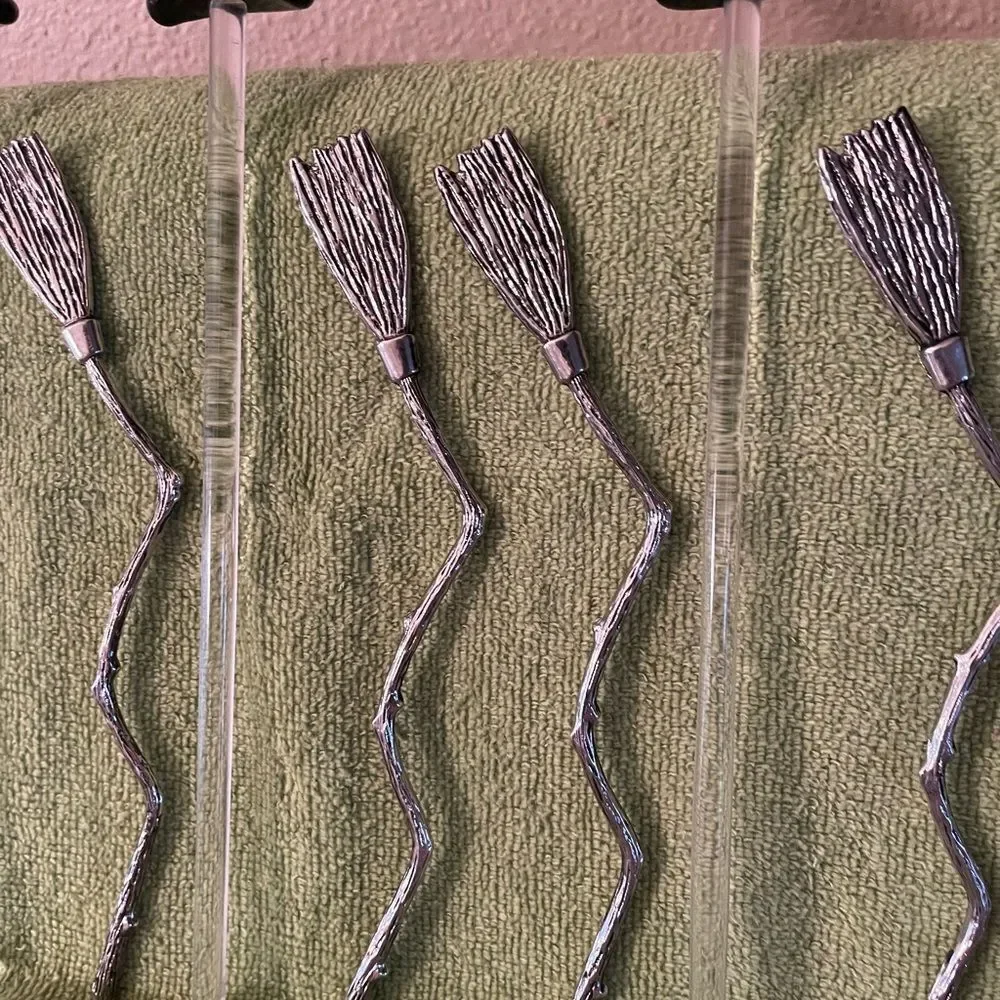 Blown Glass Witch Hat Stir Sticks Metal Broom Stir Sticks lot of 8!